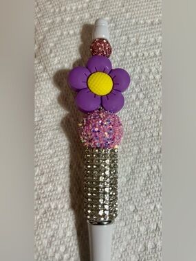 NIP Purple Flower Beaded Pen with Rhinestone Grip